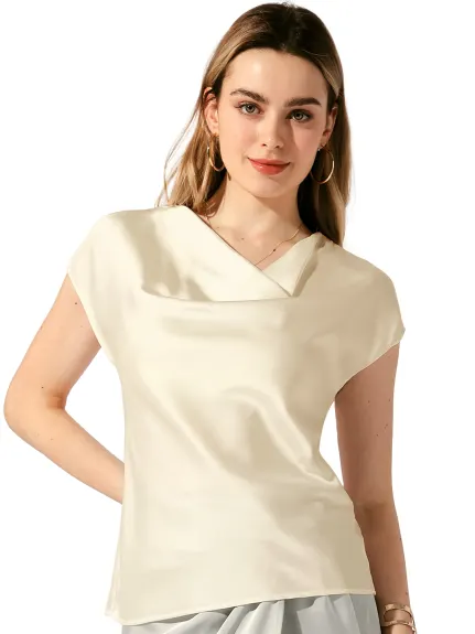 Allegra K - Cowl Neck Short Sleeve Satin Top