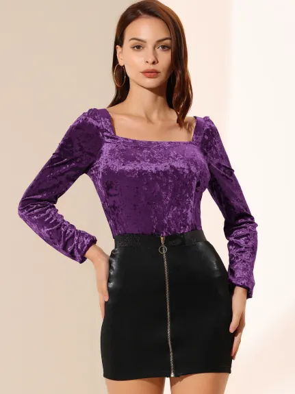 Allegra K- Velvet Long Sleeve Square Neck Blouse Top