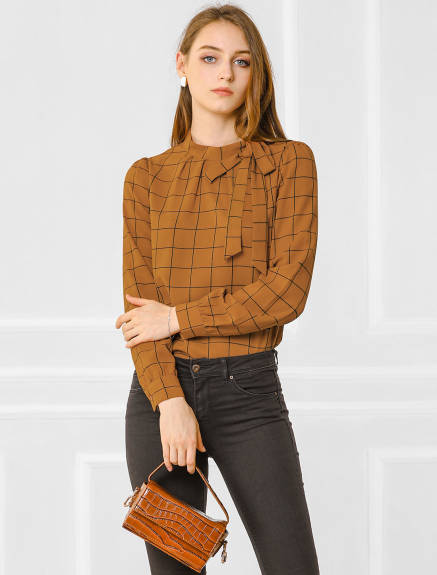 Allegra K- Bow-Tie Neck Blouse Checks Shirt