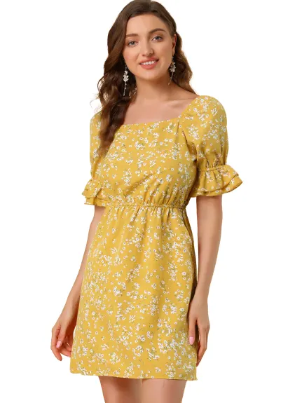 Allegra K- Square Neck Pocket Floral A-Line Dress