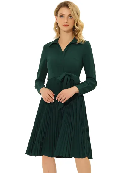 Allegra K- A-Line V Neck Turn Down Collar Belted Pleated Dress