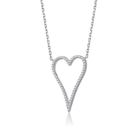 Rachel Glauber White Gold Plated with Clear Cubic Zirconia Elongated Open Heart Halo Pendant Necklace