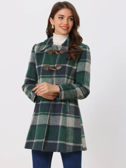 Allegra K- Turn Down Collar Plaid Toggle Duffle Long Overcoat