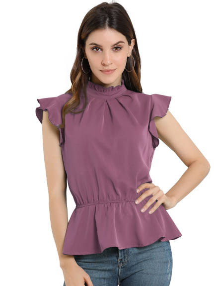 Allegra K - Stand Collar Pleated Ruffle Peplum Top