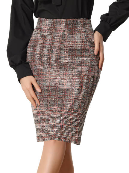 Allegra K - Tweed Plaid Slit Pencil Skirt