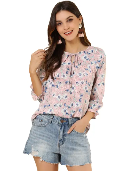 Allegra K- Tie Blouse florale à manches 3/4 et col en V