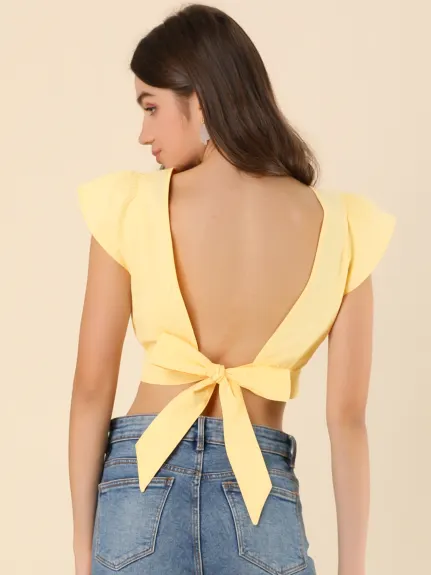 Allegra K - Summer Backless Short Sleeve Tie Back Crop Top