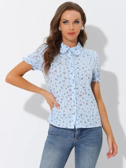 Allegra K - Frilled Short Sleeve Floral Cotton Shirt