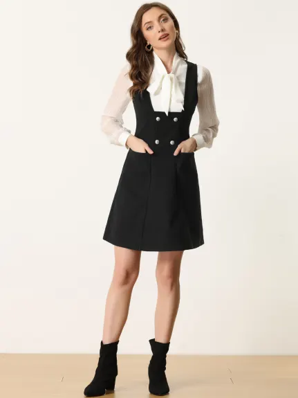 Allegra K- Pinafore A-Line Double Breasted Overall Suspender Dress