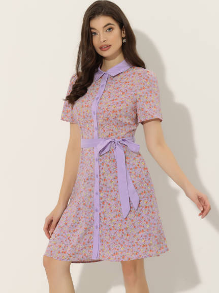 Allegra K- Short Sleeve Contrast Collar Belted Floral Shirt Dress