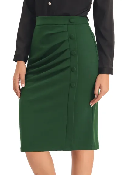 Hobemty- High Waist Pleated Front Midi Pencil Skirt