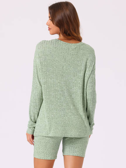 Cheibear - Ribbed Knit Long Sleeve Pajama Set