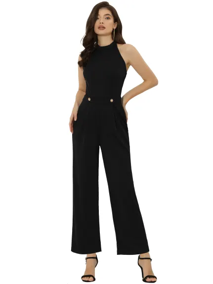 Allegra K - Halter Tie Backless High Waist Jumpsuit