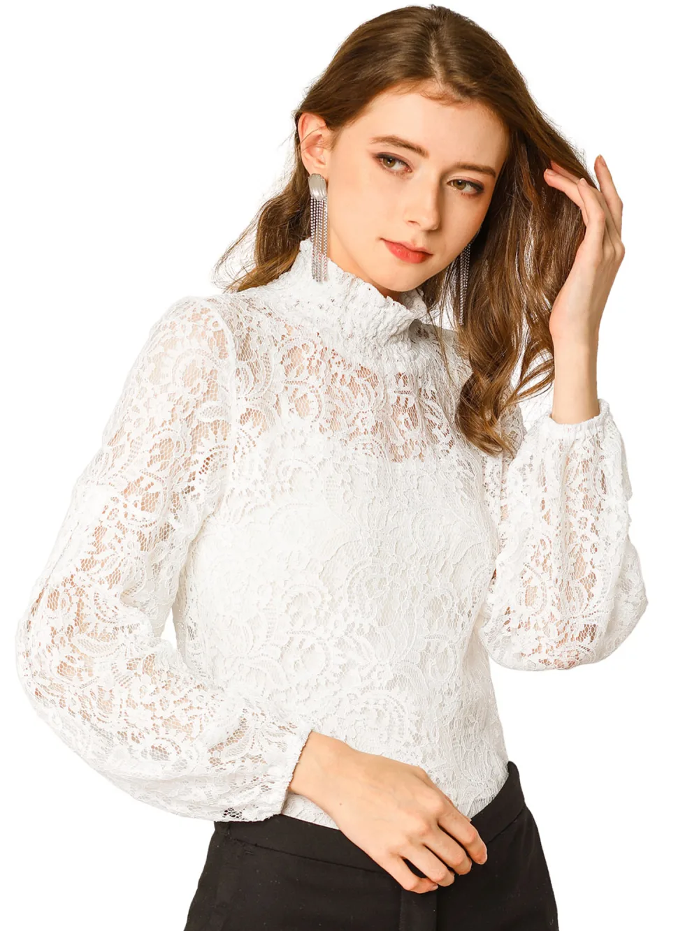 Allegra K- Blouse transparente en dentelle florale à col montant et volants