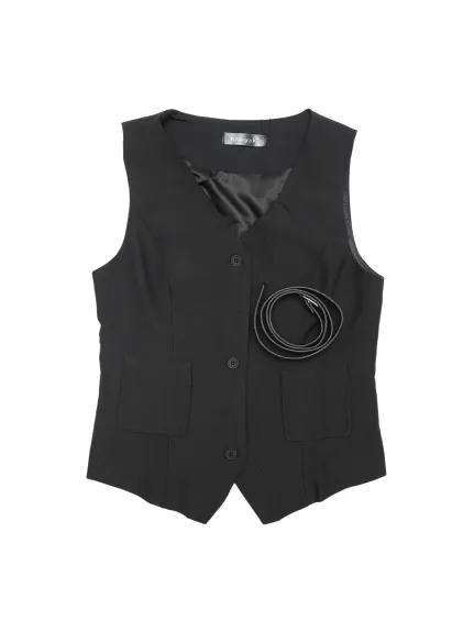 Allegra K- Button Up Belt V Neck Waistcoat