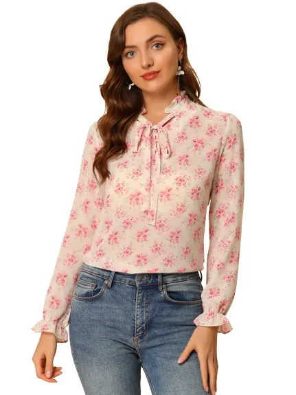 Allegra K- Tie Neck Ruffle Trim Chiffon Long Sleeve Floral Top