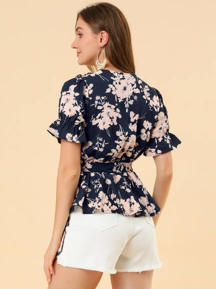 Allegra K- Floral Short Sleeve Ruffled Peplum Blouse