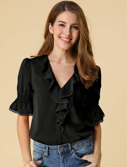 Allegra K- Ruffled V Neck Puff Elbow Sleeve Chiffon Blouse