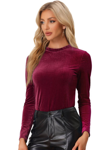 Allegra K- Mock Neck Long Sleeve Ribbed Knit Velvet Blouse