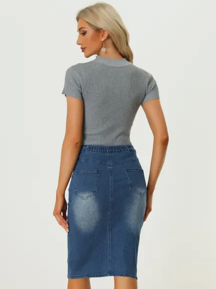 Allegra K- Jupe crayon en denim fendue à taille élastique