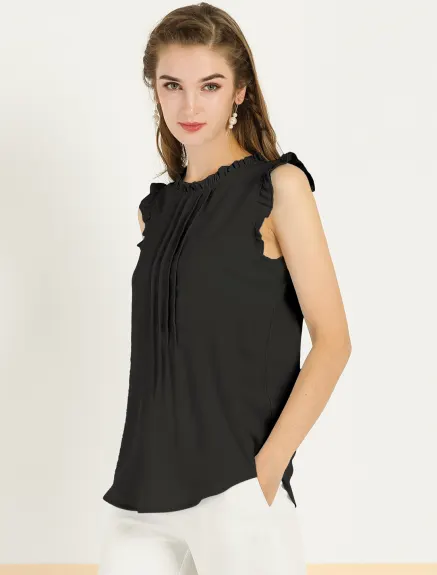 Allegra K- Blouse plissée sans manches à col mandarin à volants