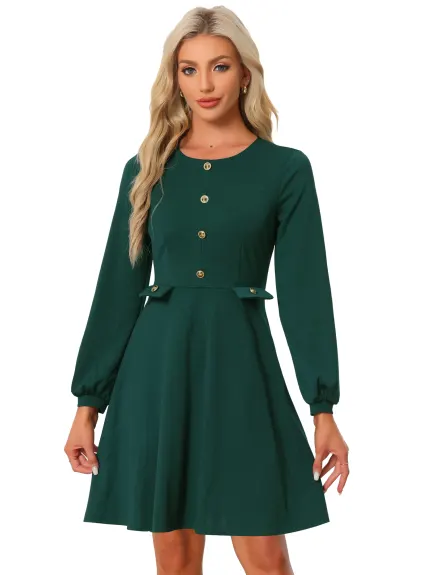 Allegra K- Button Decor A-Line Long Sleeve Dress