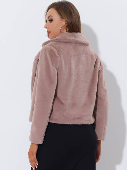 Allegra K- Notch Lapel Faux Fur Fluffy Cropped Coat