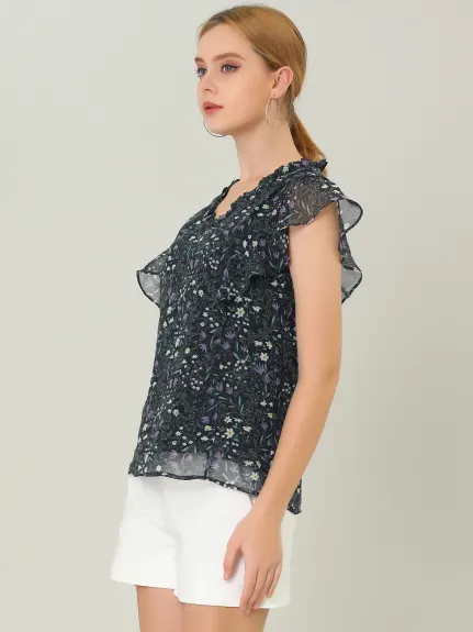 Allegra K- Ruffle Floral Cap Sleeve Top