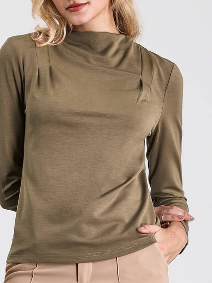 Hobemty - Long Sleeve Mock Neck Pleated Blouse