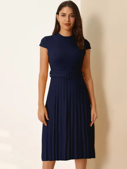 Hobemty- Mock Neck Belted A-Line Pleated Dress