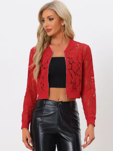 Allegra K- Stand Collar Zip Up Mesh Sheer Lace Bomber Jacket