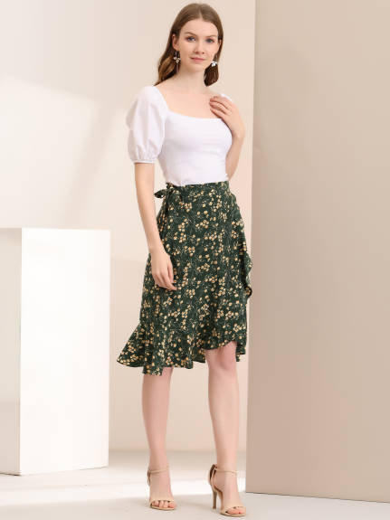 Allegra K - Floral Ruffle Hem Self Tie Wrap Skirt