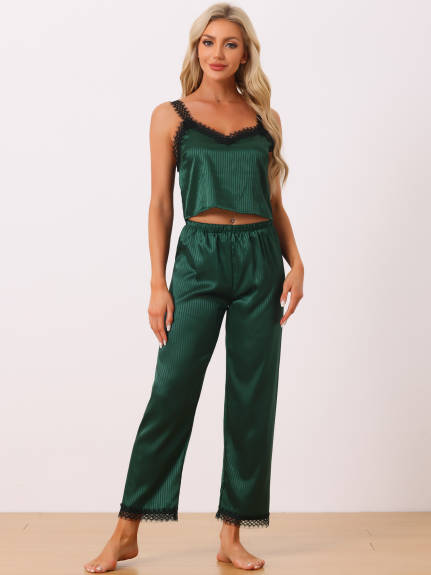 Cheibear - Lace Trim Sleeveless Satin Pajama Set