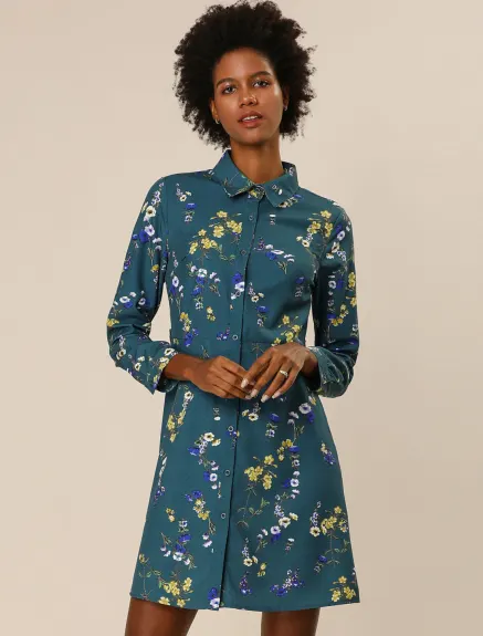 Allegra K- Lapel Button Down Floral Belted Shirt Dress