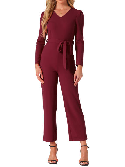 Allegra K - V Neck Long Sleeve Tie Waist Jumpsuit