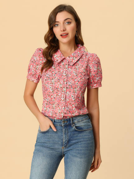 Allegra K- Puff Sleeve Turndown Collar Floral Blouse