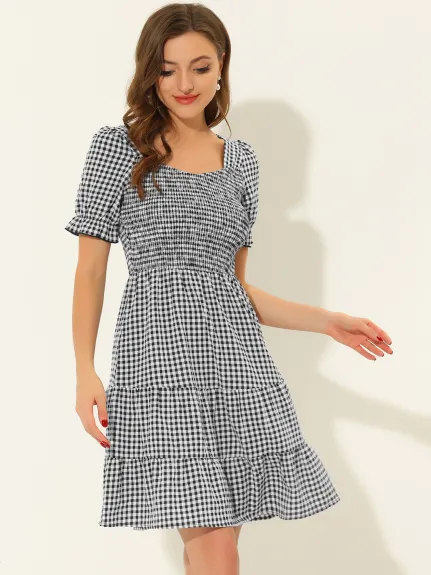 Allegra K- Plaid Gingham Ruffle Tiered Puff Sleeve Dress