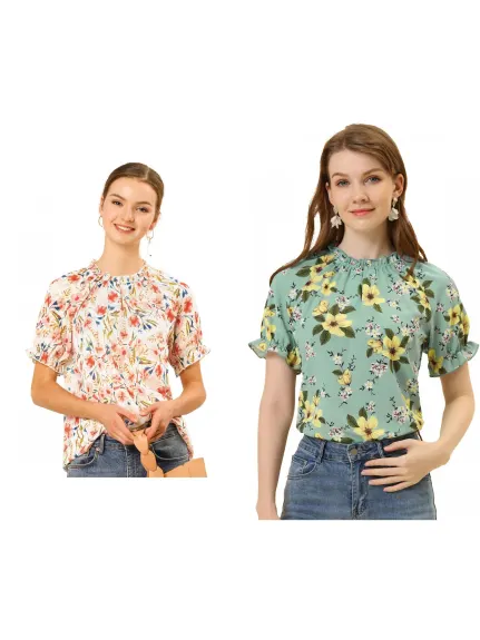 Allegra K- Blouse florale à manches courtes et col à volants