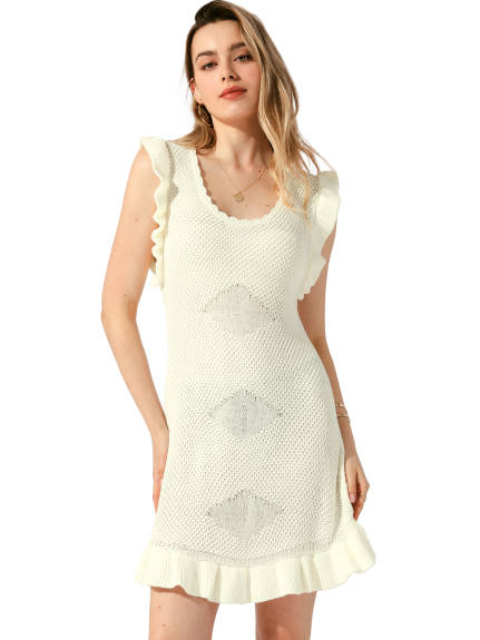 Allegra K - Crochet Round Neck Mini Knit Dress