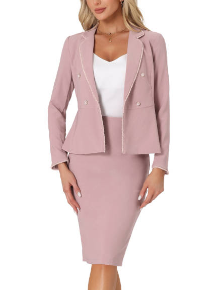 Allegra K- 2 Pieces Suit Tweed Trim Blazer Jacket and Skirt Set