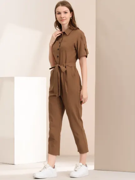 Allegra K- Turndown Collar Button up Tie Waist Cargo Jumpsuit