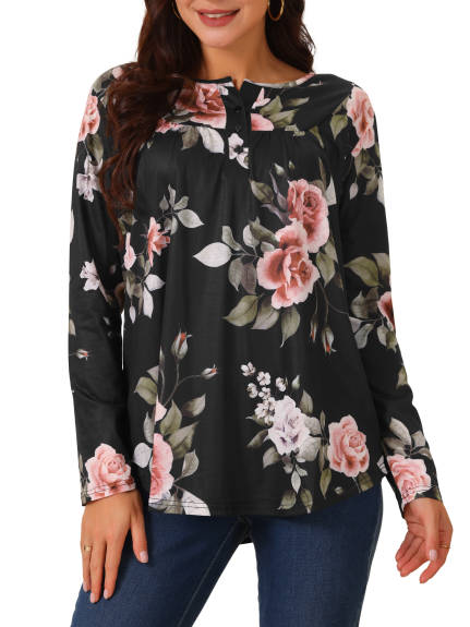 INSPIRE CHIC - Floral Print Henley V Neck Tunic Top