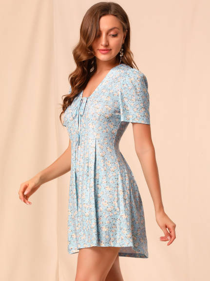 Allegra K- Floral Short Sleeves Flare Dress