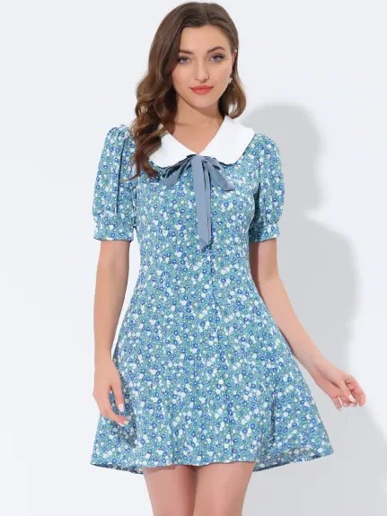 Allegra K- Robe chemise à manches courtes avec nœud papillon et fleurs