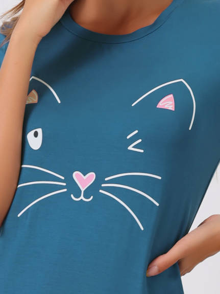 Cheibear - Cute Cats Printed Short Sleeve Nightgown