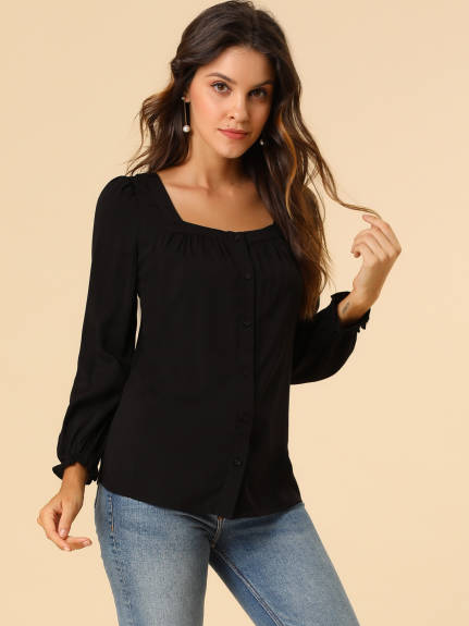 Allegra K - Tie Back Puff Sleeve Square Neck Button Blouse