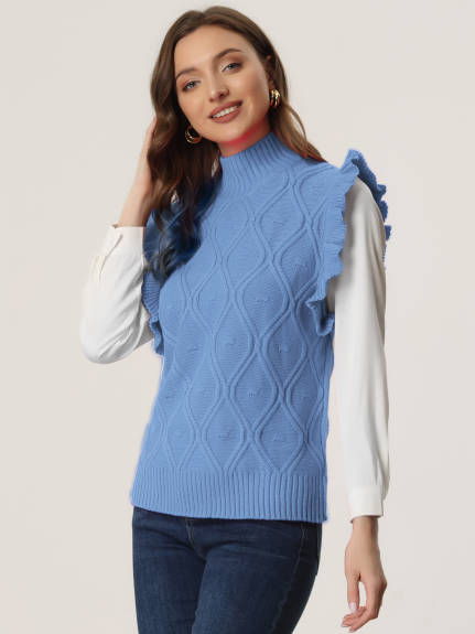 Allegra K- Ruffle Sleeve Mock Neck Cable Knit Pullover Vest