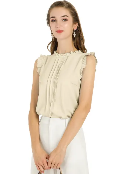 Allegra K- Ruffled Mandarin Collar Sleeveless Pleated Blouse