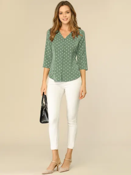 Allegra K- Polka Dots 3/4 Sleeve Button Front Blouse