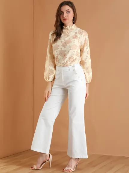 Allegra K- Ruffle Mock Neck Floral Lace Sheer Blouse